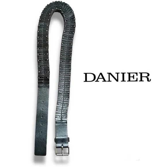 Danier Men's Premium Black Studded Leather Slats Belt - Picture 1 of 6